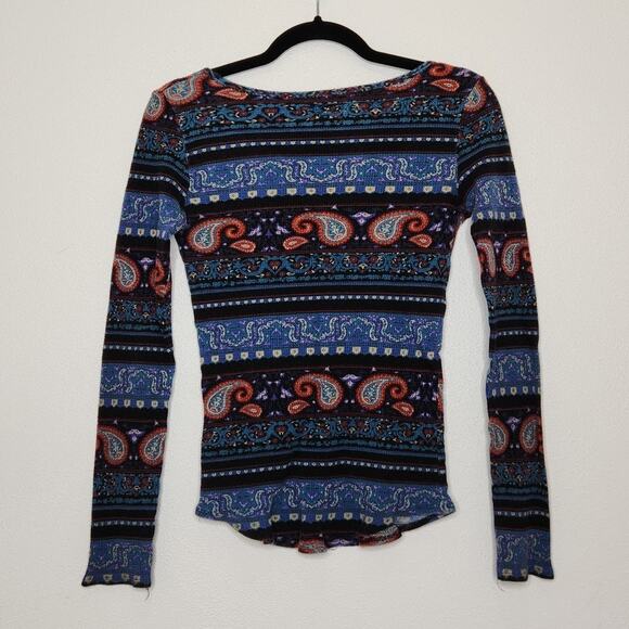 y2k Vintage Lucky Brand boho Western Paisley Stripe Thermal Long Sleeve Shirt - Picture 5 of 5